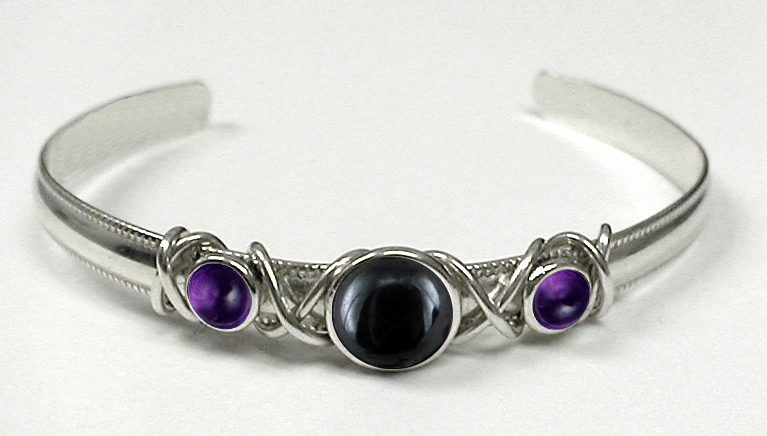 Sterling Silver Hand Made Cuff Bracelet With Hematite And Amethyst